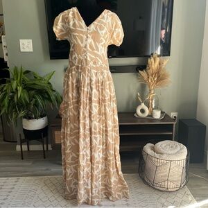 Mirth Lagos dress in desert sand leaf print